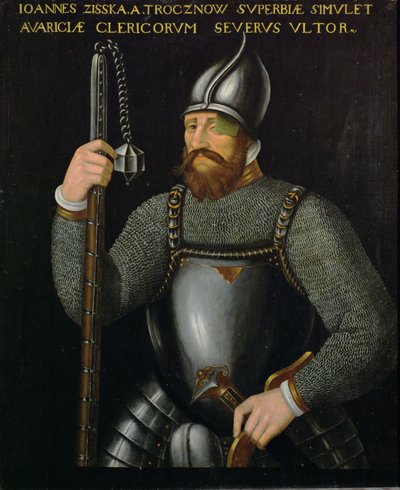 Johann Ziska von Trocnov, leader degli hussiti e dei taboriti boemi che vinse due battaglie contro gli eserciti imperiali nel 1420 e nel 1422 ... da German School
