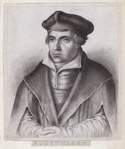 Johannes Bugenhagen (Doctor Pomeranus), sacerdote e teologo tedesco che introduce la Riforma protestante in Pomerania e Danimarca (incisione) da German School