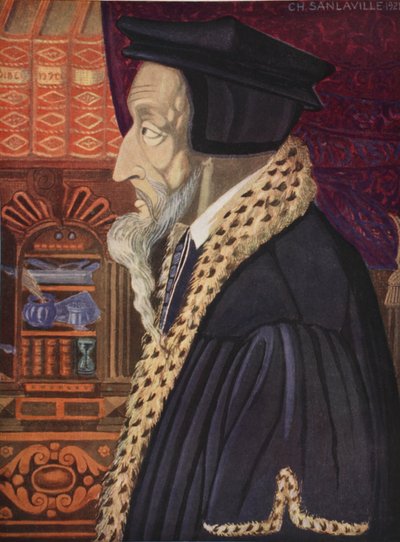 Giovanni Calvino, copia di M. Charles Sanlaville, illustrazione da Histoire de la Nation Francaise, di Gabriel Hanotaux, 1924 da German School