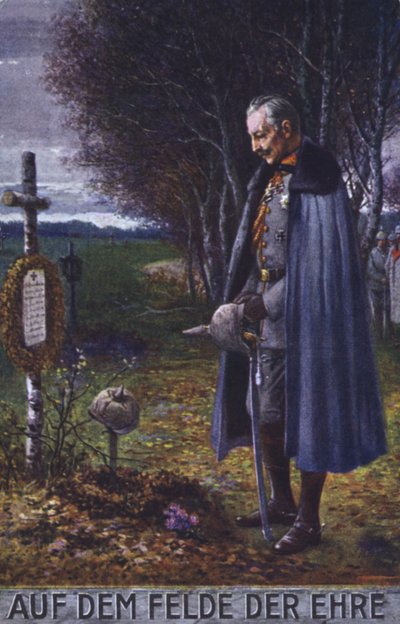 Il Kaiser Guglielmo II rende omaggio alla tomba di un soldato tedesco (litografia a colori) da German School