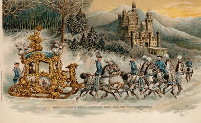 Re Ludovico II di Baviera in viaggio verso il castello di Neuschwanstein su una slitta dorata (cromolito) da German School