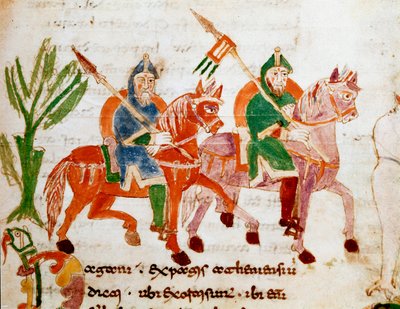 Cavalieri con cavalli Miniatura dal manoscritto 