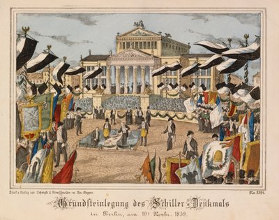 Posa della prima pietra del monumento a Schiller al Gendarmenmarkt, Berlino, 10 novembre 1859, con il Schauspielhaus sullo sfondo, da Neuruppiner Bilderbogen, pubblicato da Oehmigle & Ri da German School