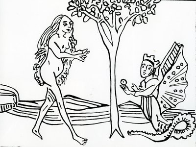 Lilith, alata e incoronata, con coda di serpente, offre la mela a Eva, da 