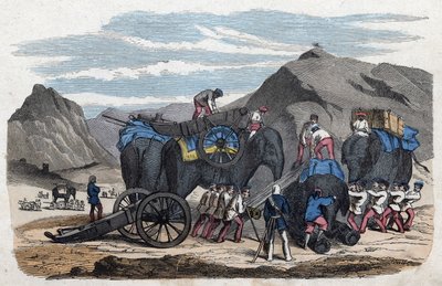 Caricamento degli elefanti per il viaggio del signor Bock a Dresda. In “Wenn Jemand eine Reise thut, so kann er was erzahlen” (Quando qualcuno viaggia, questo è ciò che può raccontare), racconto tedesco di Franz Wiedemann. da German School