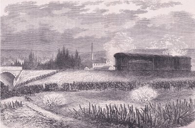Batterie di locomotive in azione, Cassells History of the War between France and Germany pubblicato da Cassell and Company Limited, c.1890 (litografia) da German School