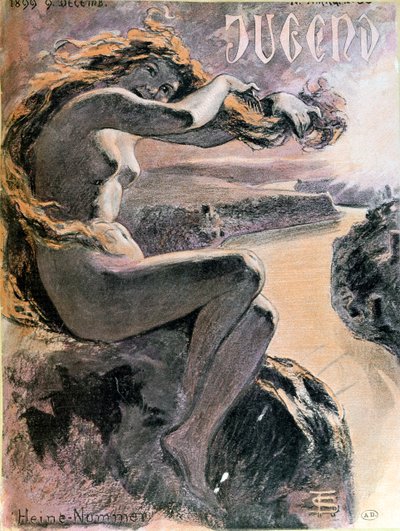 Lorelei e il fiume Reno, copertina della rivista Jugend numero speciale dedicato al poeta Heinrich Heine (1797-1856), 9 dicembre 1899 da German School