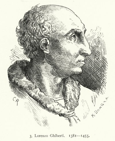 Lorenzo Ghiberti, artista del primo Rinascimento fiorentino che progettò le porte di bronzo del Battistero di Firenze (incisione) da German School