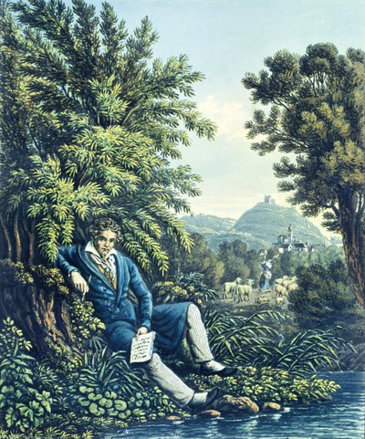 Ludwig van Beethoven vicino a un fiume da German School