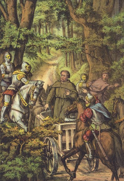 Il rapimento di Lutero al Wartburg (cromolitografia) da German School