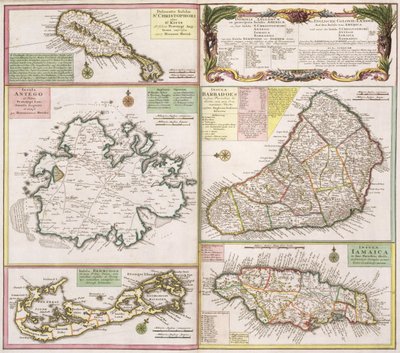 Mappa delle colonie inglesi nei Caraibi, pub. da Homanns Heirs, Norimberga, c.1750 da German School