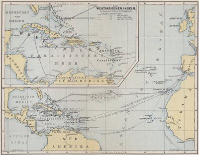 Mappa che mostra i viaggi di Cristoforo Colombo, 1492-1504 da German School