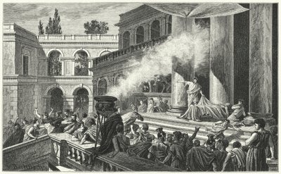 Marco Antonio provoca una rivolta con il suo discorso al funerale di Giulio Cesare, 44 a.C. da German School