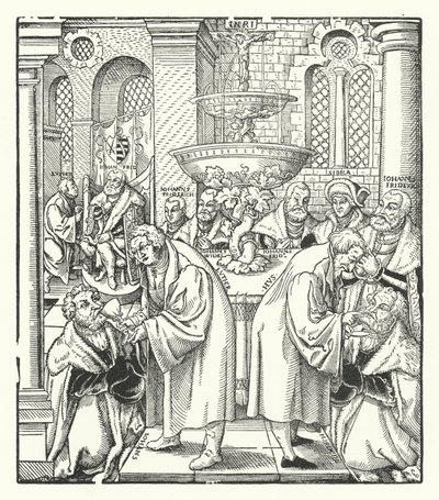 Martin Lutero e Jan Hus che amministrano la Santa Comunione alla famiglia reale sassone da German School