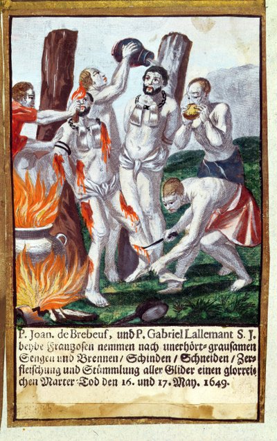 Martirio di Jean de Brebeuf e Gabriel Lalemant dagli Irochesi, in Nouvelle-France 1649, dal Martirologio dei Gesuiti, 1688 da German School