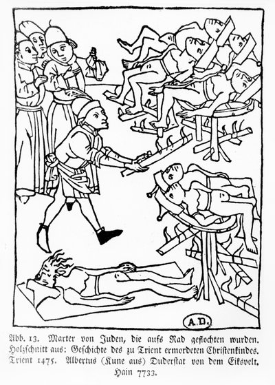 Martirio degli ebrei sulla ruota, dalla Storia del bambino cristiano ucciso a Trento, pubblicata a Trento da Albertus Kune, 1475 da German School