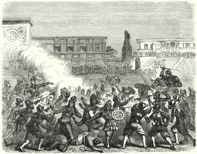 Massacro di guerrieri e nobili aztechi a Cholula da parte dei conquistadores spagnoli di Hernan Cortes da German School