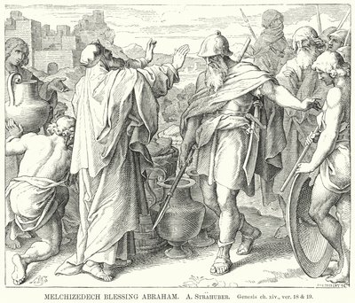 Melchisedec benedice Abramo, Genesi, cap xiv, versetti 18 e 19 (incisione) da German School