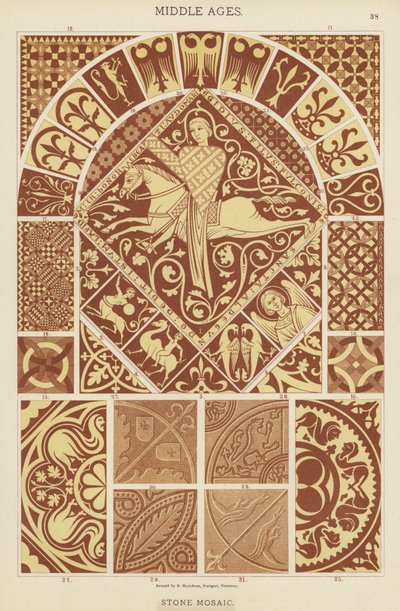 Medioevo, mosaico in pietra (litografia a colori) da German School