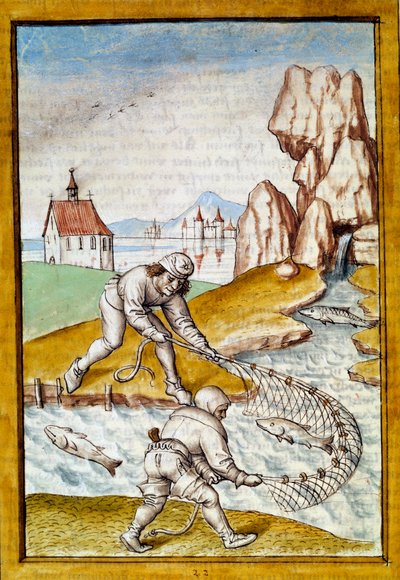 Miniatura della pesca con rete da una traduzione tedesca delle favole di 