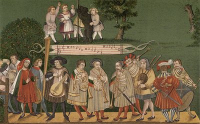 Musicisti di Augusta, Germania, che suonano per i ballerini del Geschlechtertanz, 1520 da German School