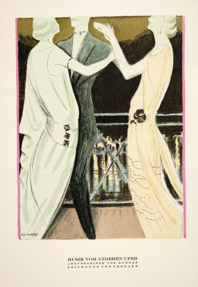 "Musik vom Anderen Ufer", pubblicità per abiti da sera di Kuhnen, da Styl, pub.1922 (stampa a colori) da German School