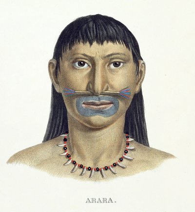 Uomo nativo della tribù Arara con pittura facciale blu, dall