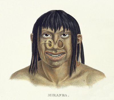Uomo nativo della tribù Miranha, con decorazione al naso, dall