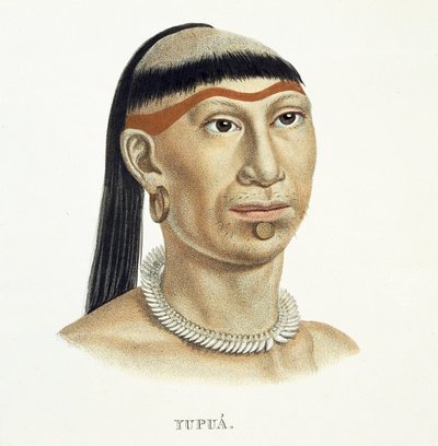 Uomo nativo della tribù Yupua, con capelli strappati e rasati e una collana fatta di denti di animali, dall