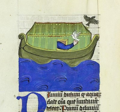 Noè libera la colomba e il corvo, De Rerum Naturis - Rabanus Maurus, c.1425 da German School