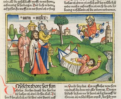 Numeri 16:32 La terra inghiotte i ribelli Datan e Abiram, dalla Bibbia di Norimberga (Biblia Sacra Germanaica) da German School