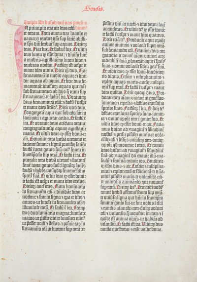 Pagina di apertura del libro della Genesi dalla Bibbia di Gutenberg, stampata da Johannes Gutenberg (c.1400-68) e Peter Schoeffer (1425-1502) a Magonza, 1454-56 da German School
