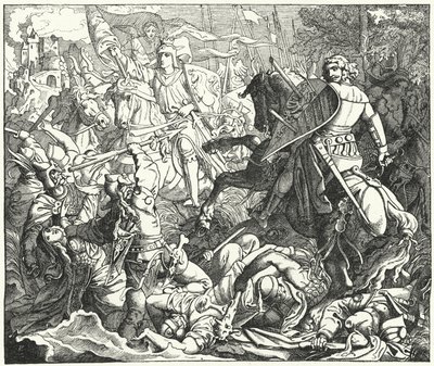Ottone I di Germania che sconfigge i Magiari nella battaglia di Lechfeld, 955 da German School