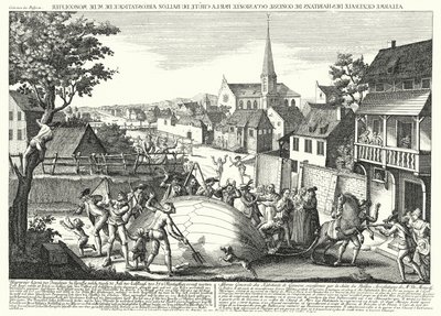 Contadini che attaccano il pallone di Jacques Charles e dei Fratelli Robert dopo che è atterrato a Gonesse, 27 agosto 1783 (incisione) da German School
