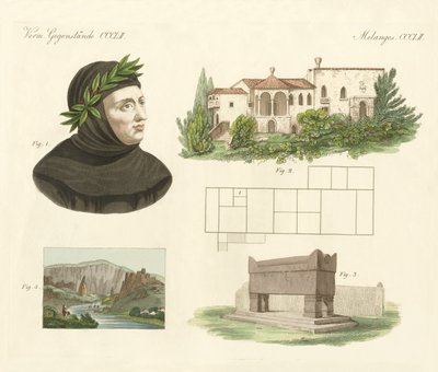 Petrarca, il suo appartamento ad Arquà, la sua tomba insieme a una vista di Vaucluse da German School