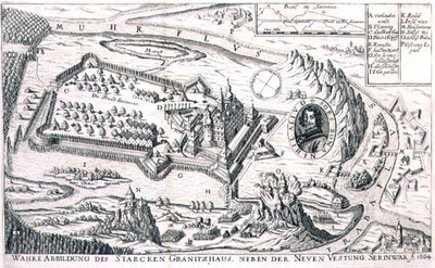 Piano della Fortezza di Granito vicino a Nuova Serinwar nel 1664, illustrazione da un libro sulle campagne ottomane in Europa, inciso da Paul Furst (c.1605-66) da German School