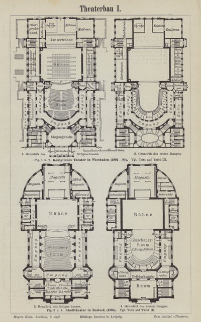 Piani del Teatro Reale, Wiesbaden e del Teatro Comunale, Rostock, Germania da German School
