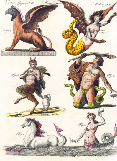 Tavola che mostra vari ibridi mitologici, 1830 da German School