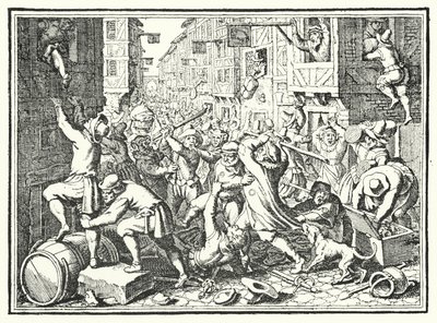 Saccheggio del Judengasse, il ghetto ebraico di Francoforte, nella rivolta di Fettmilch, 1614 da German School