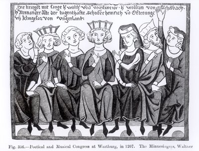 Congresso poetico e musicale, Wartburg, 1207, illustrazione da Scienza e Letteratura nel Medioevo e nel Rinascimento, scritto e inciso da Paul Lacroix, 1878 da German School