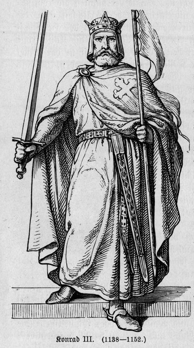 Ritratto di Corrado III di Hohenstaufen (1093-1152), Imperatore Romano Germanico. Incisione in "Kaiser, Konig und Papst" di Richard Roth da German School