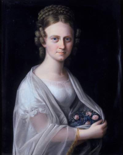 Ritratto di una donna con rose rosa tra le braccia da German School