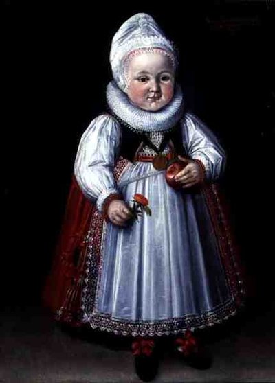 Ritratto di un bambino che tiene una mela e un fiore da German School