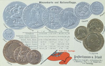 Cartolina raffigurante la valuta britannica e i suoi equivalenti in altre monete europee, c.1905 da German School