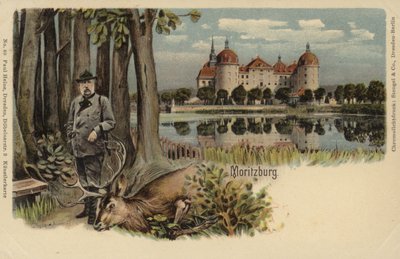 Cartolina raffigurante un uomo con un cervo abbattuto con il castello di Moritzburg sullo sfondo da German School