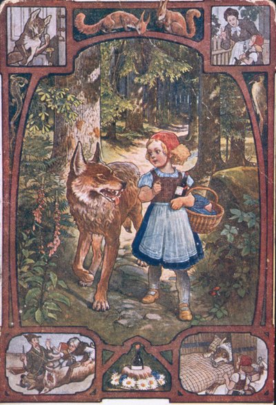 Cartolina che raffigura scene da Cappuccetto Rosso, c.1910 da German School