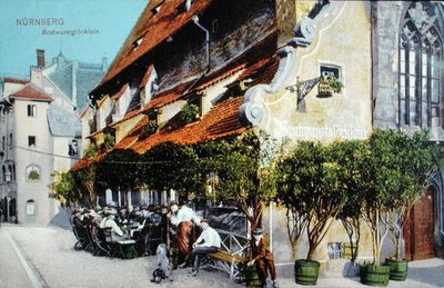 Cartolina che raffigura il ristorante Bratwurstglocklein a Norimberga, prima del 1914 da German School