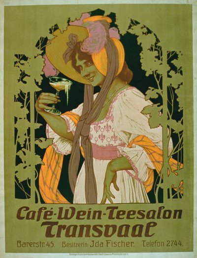 Poster pubblicitario per Transvaal, un salone di caffè, vino e tè da German School