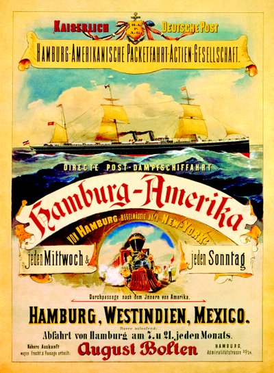 Poster pubblicitario della Hamburg American Line, 1883 da German School