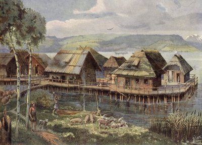 Villaggio lacustre preistorico europeo (litografia a colori) da German School